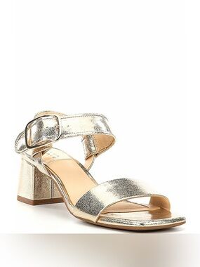 Alex Marie Leyna Leather Metallic Gold Block Heel Ankle Strap Sandals